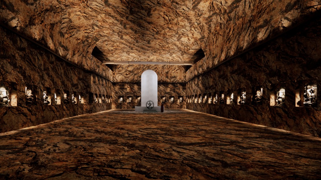 Kailashgiri sanctum passage with niches and central lingam glow