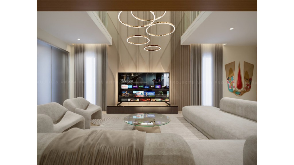 Surendra Residence double-height living room with ring chandelier